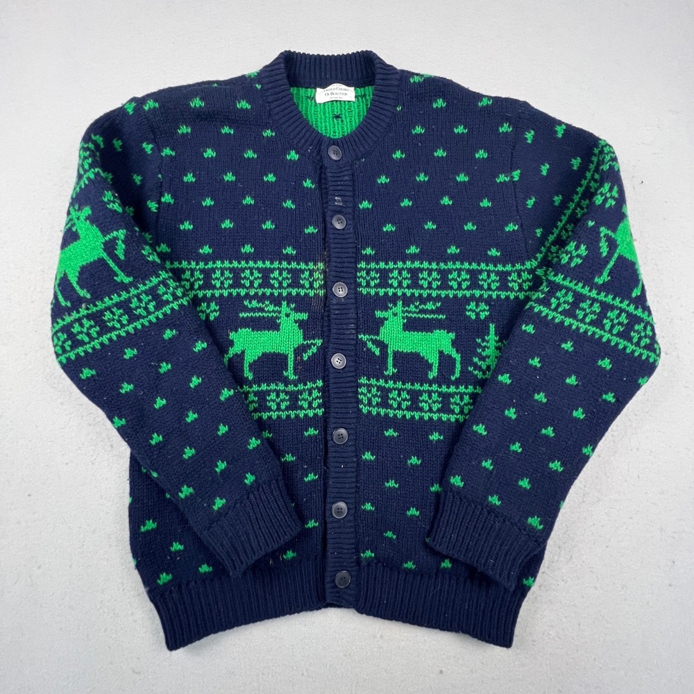 United Colors of Benetton Cardigan Mens L Navy Green Reindeer Shetland Wool